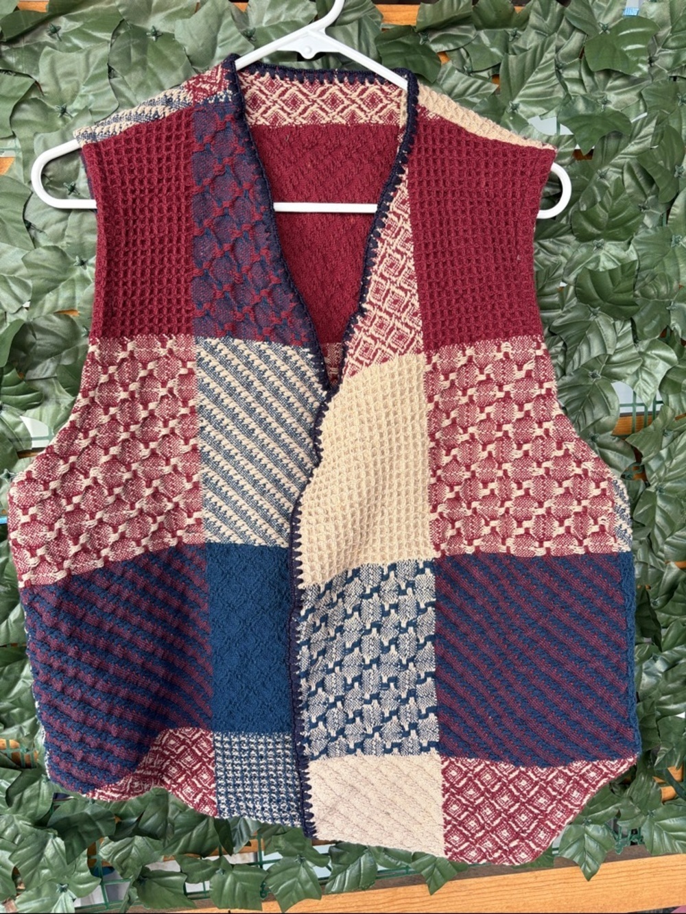 Sugar street weavers, Patchwork Knit Vest - Burgundy, Navy & Cream